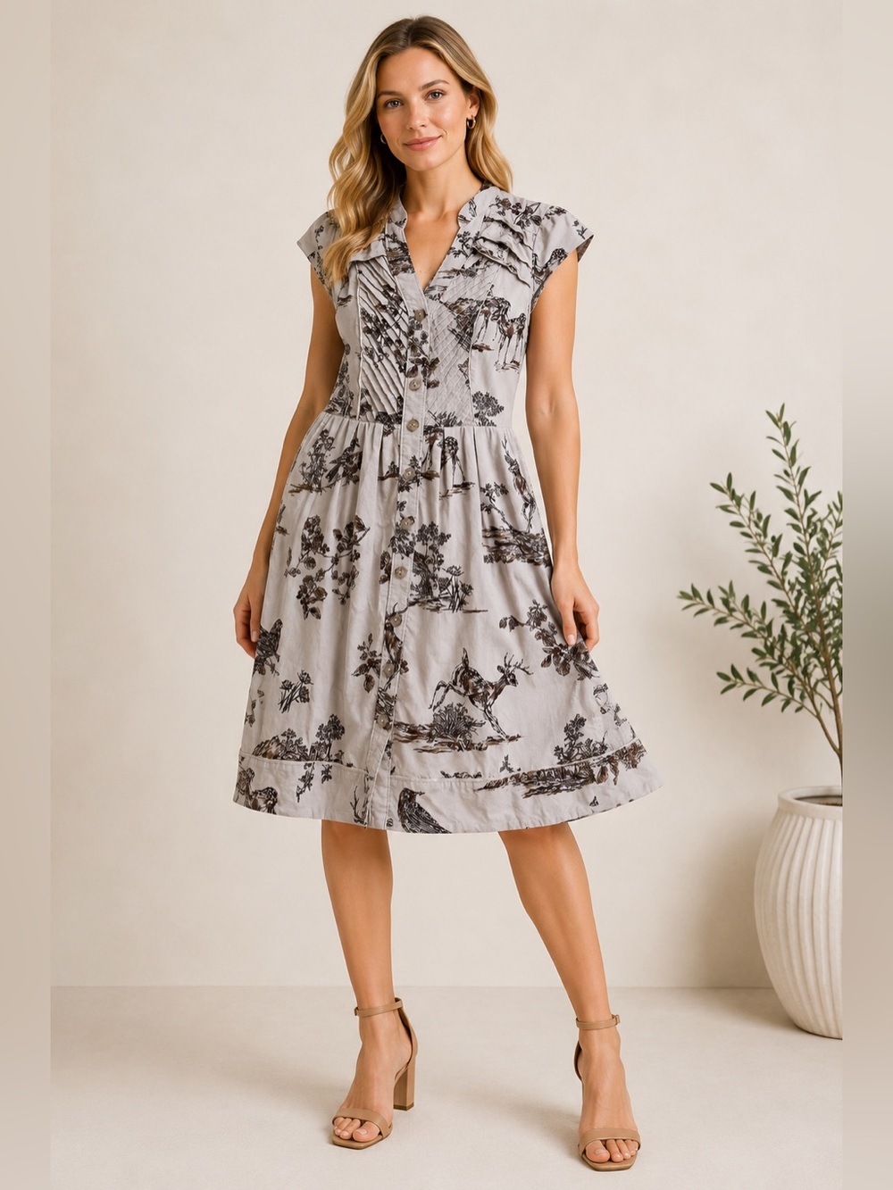 Anthropologie Maeve Southward Stop Shirtdress Deer Bird Print Size 0